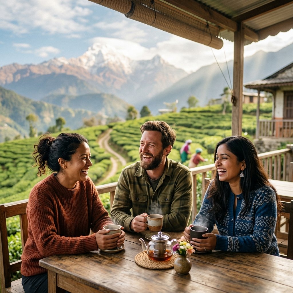 Friends sharing discussion and tea in Himalayan gardens